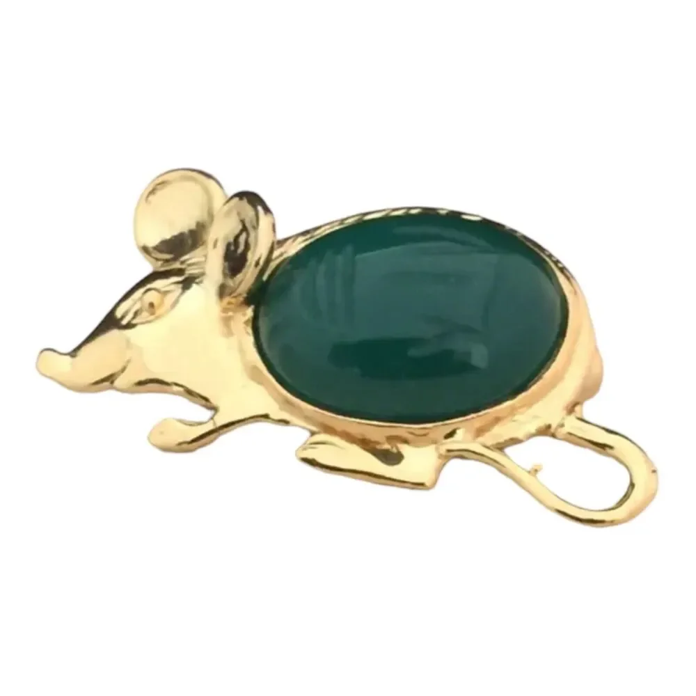 Vintage 1980s Mouse Brooch Green Onyx Scarab Cabochon Gold Plated - 7L